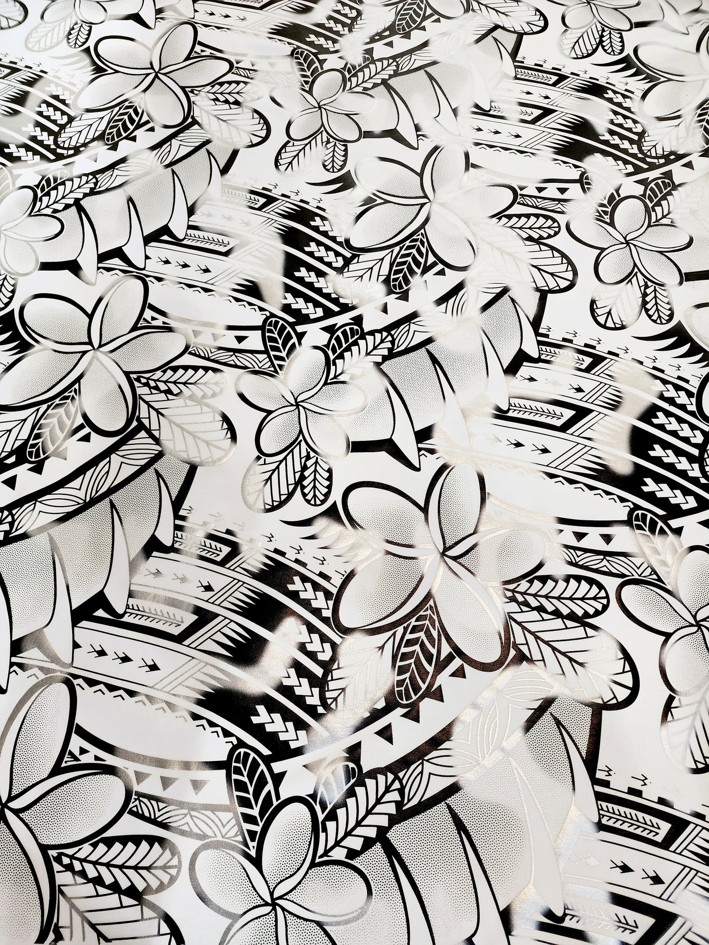 Stretch Polynesian Design #33 Black and Silver on White