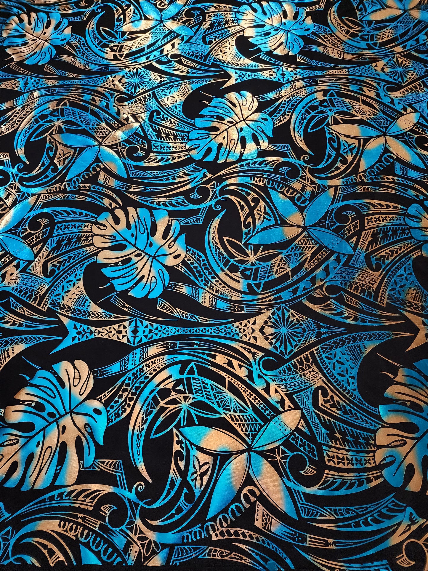 Stretch Polynesian Design #29 Light Blue and Gold on Black