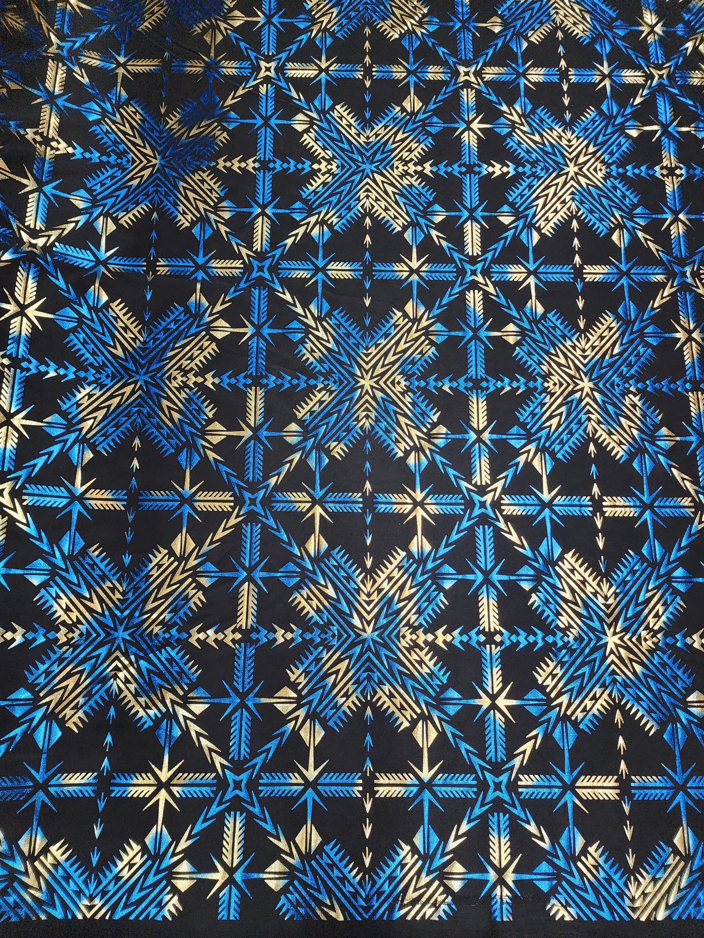 Stretch Polynesian #63 Blue and Gold on Black