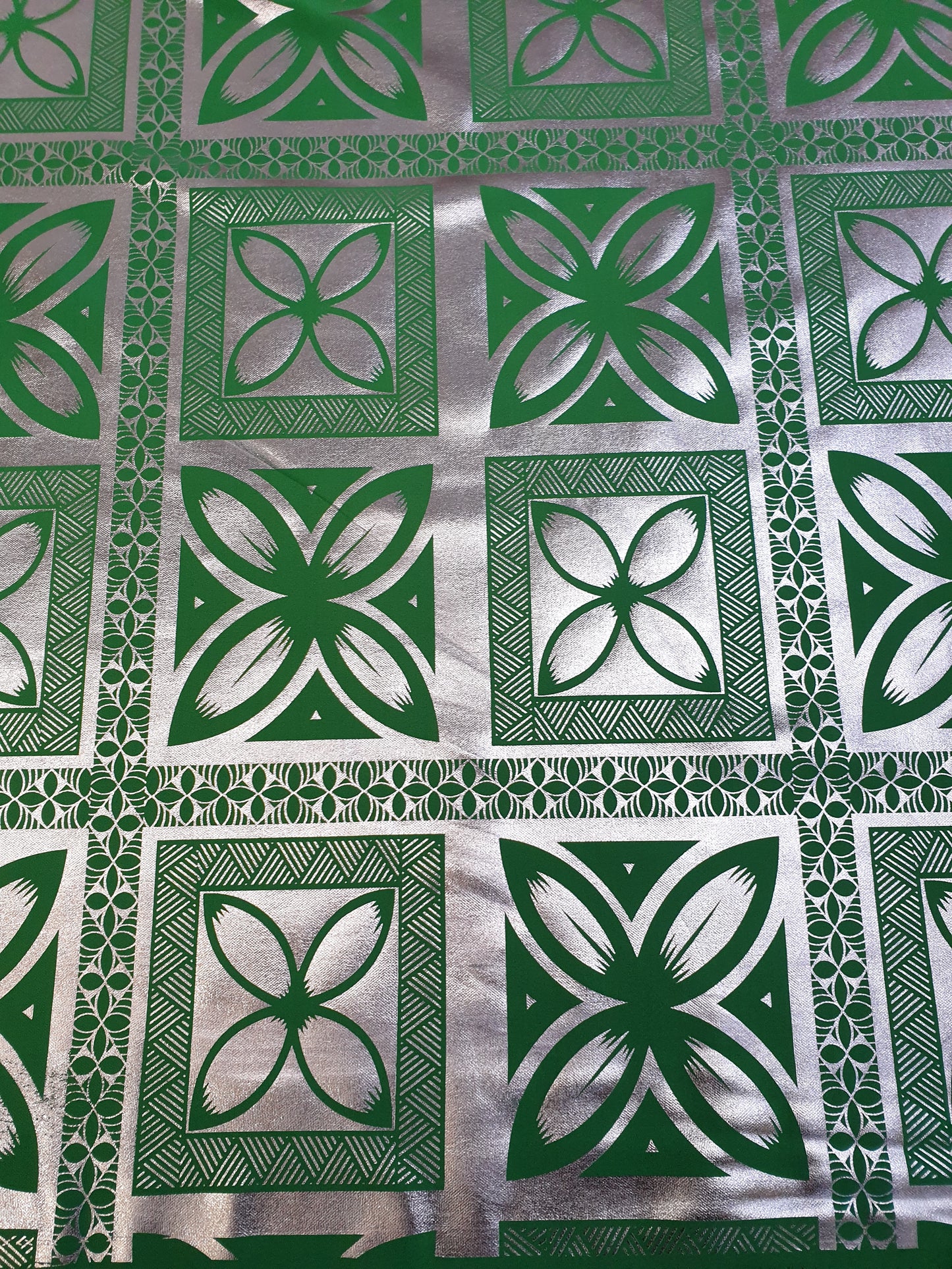 Stretch Polynesian Design #4 Silver on Green