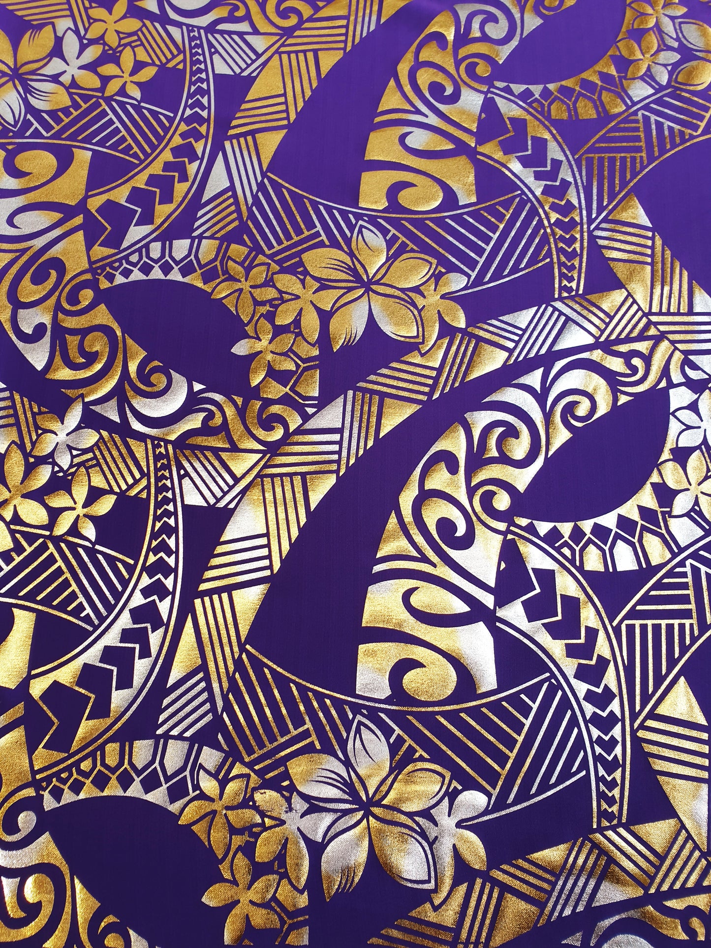 Stretch Polynesian Design #13 Gold and Silver on Purple