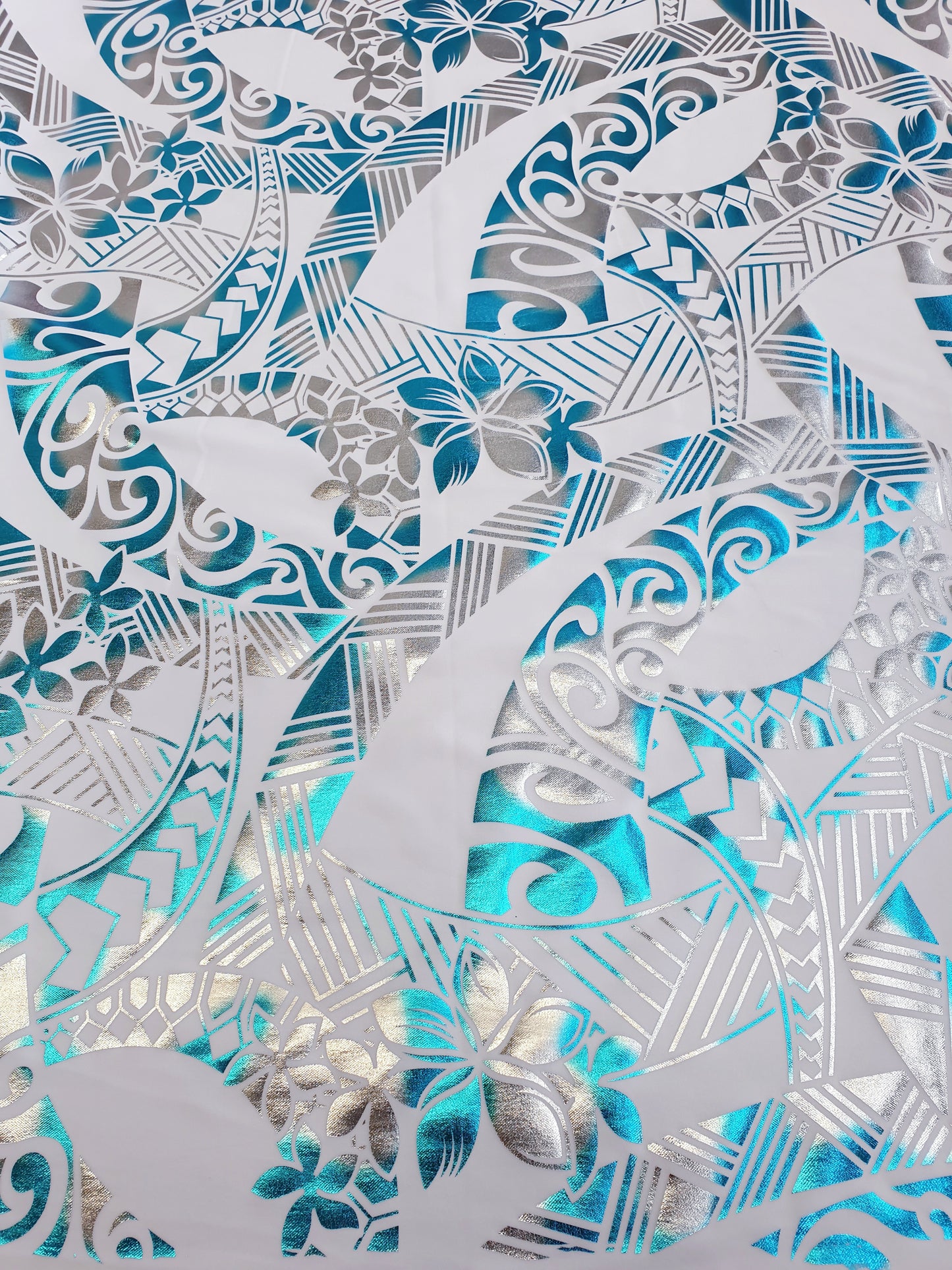 Stretch Polynesian Design #15 Silver and Aqua on White