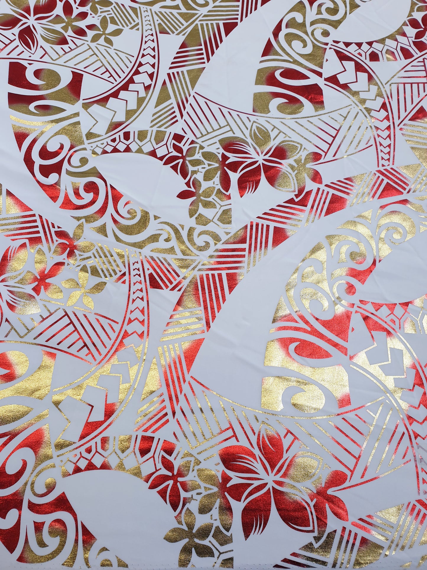 Stretch Polynesian Design #17 Gold and Red on White