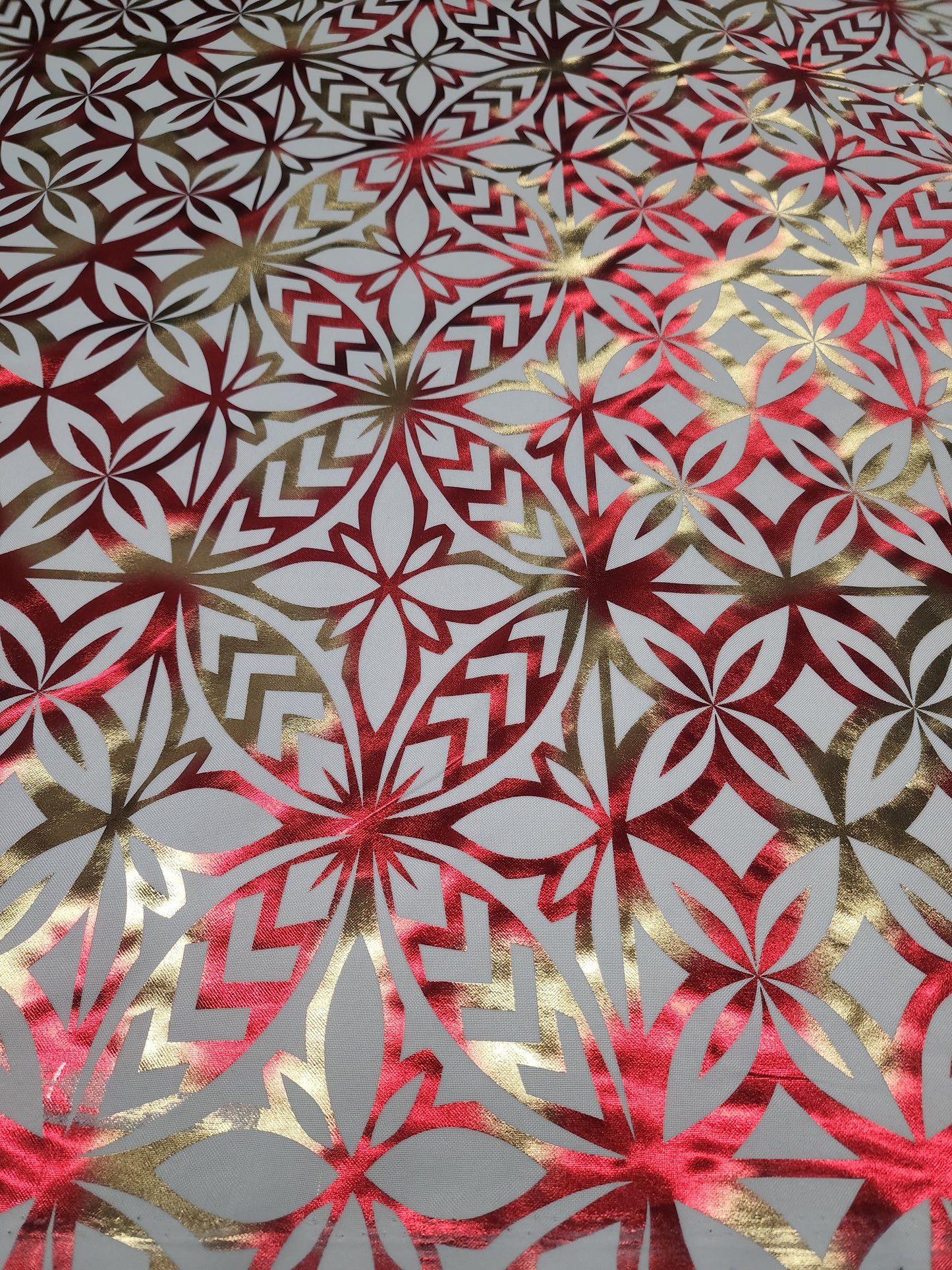 Shiny Polyester Design #16 Red and Gold on White