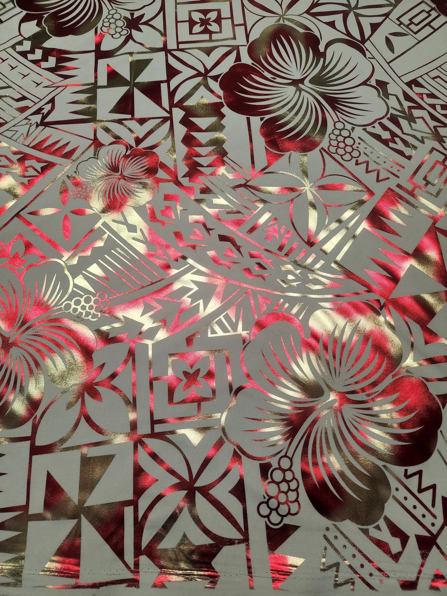 Shiny Polyester Design #5 Red and Gold on Cream