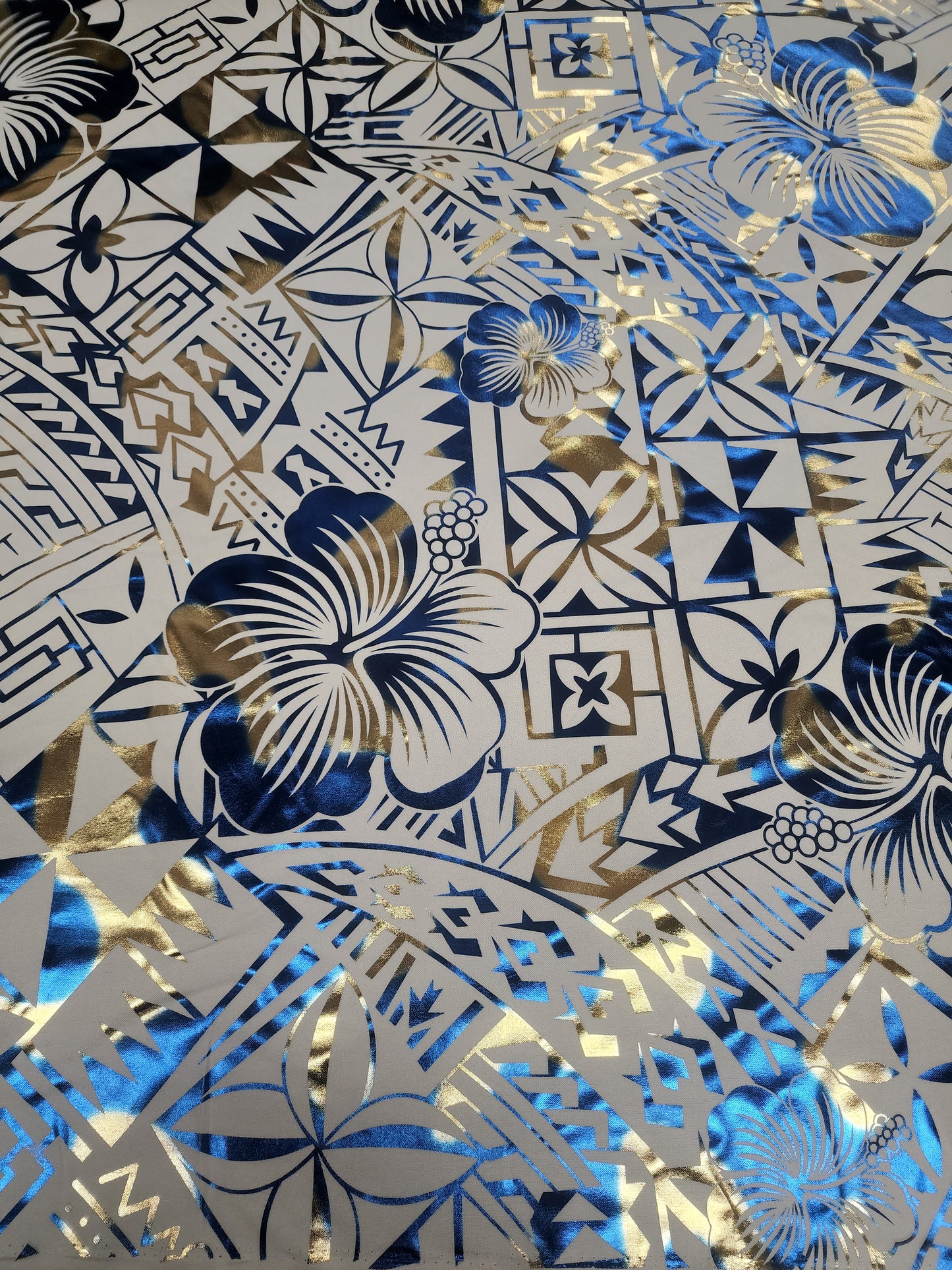 Shiny Polyester Design #4 Blue and Gold on Cream