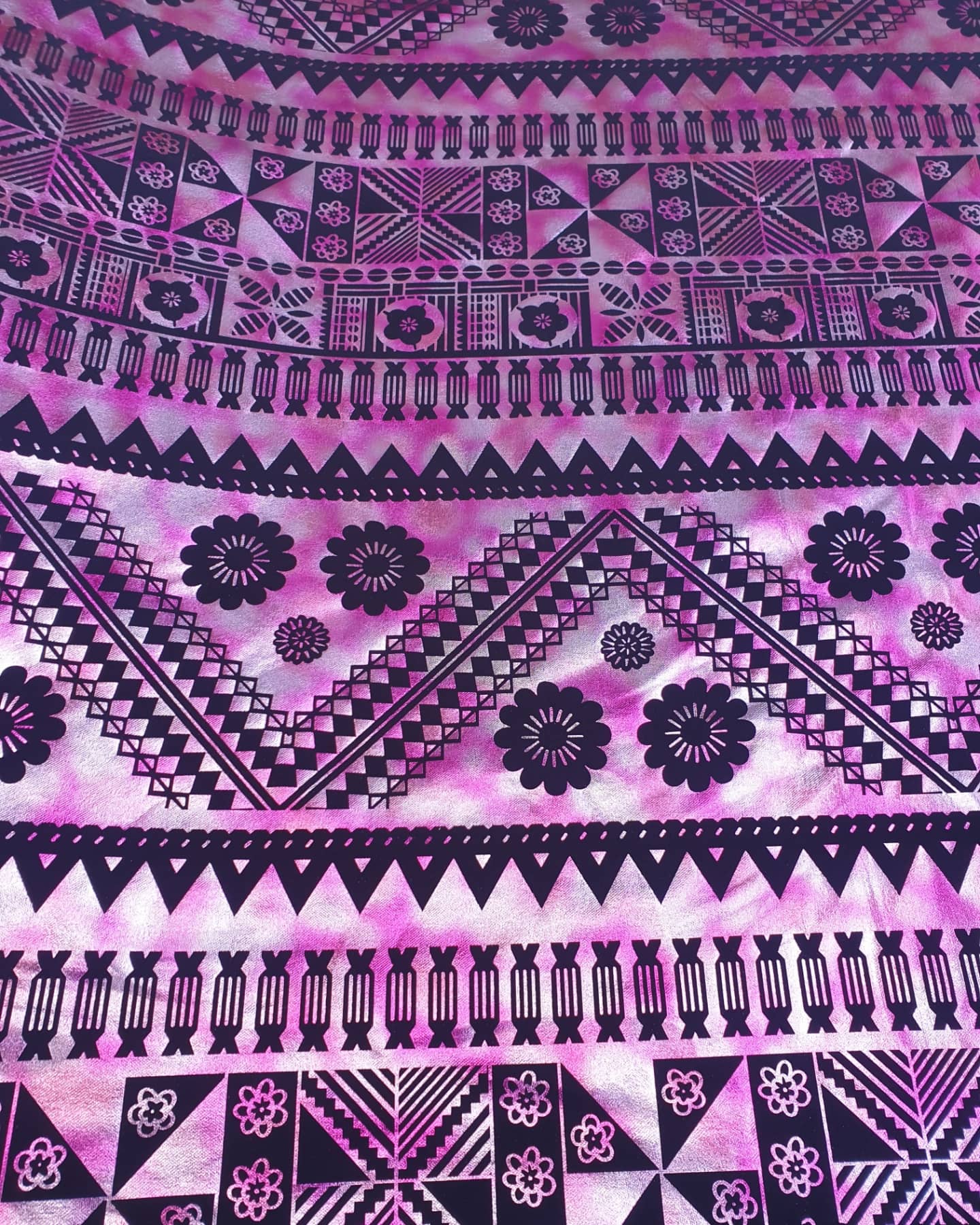 Stretch Polynesian Design #19 Pink and Silver on Black