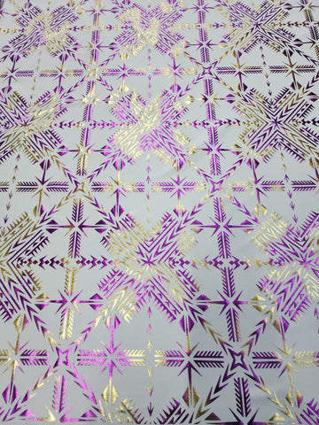 Stretch Polynesian Design #24 Purple and Gold on White