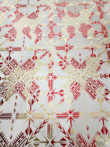 Stretch Polynesian Design #50 Red and Gold on White