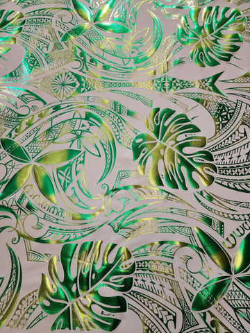 Stretch Polynesian Design #34 Green on Cream