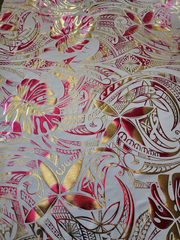 Stretch Polynesian Design #31 Pink and Gold on White