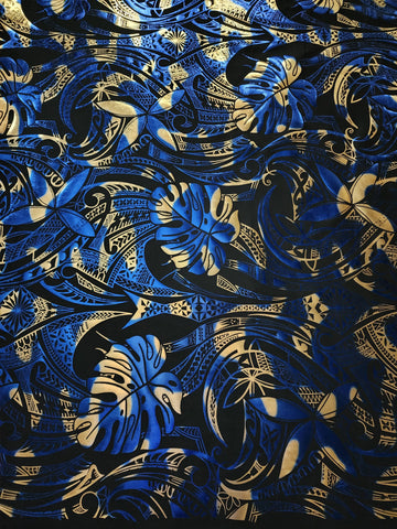 Stretch Polynesian Design #27 Blue and Gold on Black