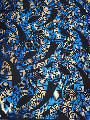 Stretch Polynesian #74 Blue and Gold on Black