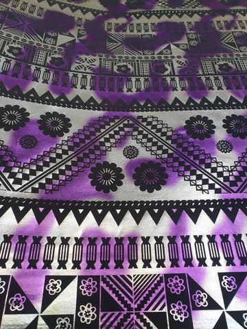 Stretch Polynesian Design #21 Purple and Silver on Black