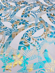 Stretch Polynesian Design #16 Gold and Aqua on White