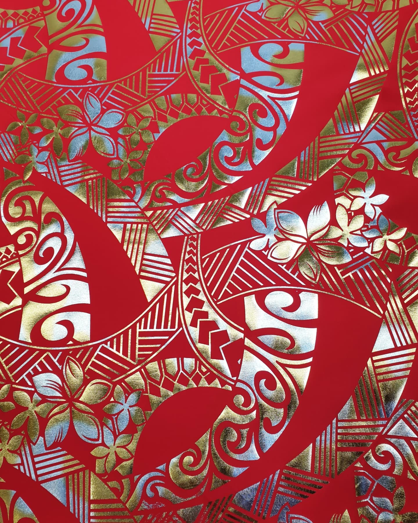 Stretch Polynesian Design #14 Gold and Silver on Red